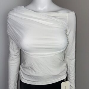 Commense White Long‎ Sleeve Top Ruched Mesh Overlay Off Shoulder Blouse Size M